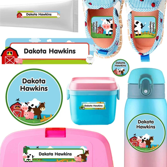 Farm Animals name labels for daycare — waterproof daycare labels on bottles, sippy cups and lunchboxes