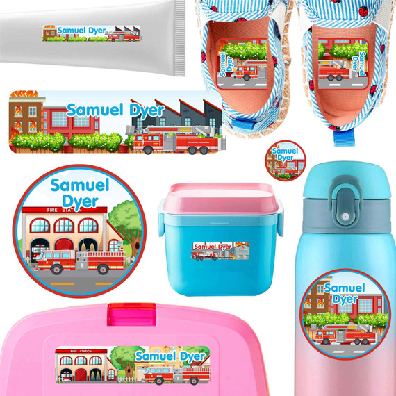 Fire Trucks name labels for daycare — waterproof daycare labels on bottles, sippy cups and lunchboxes