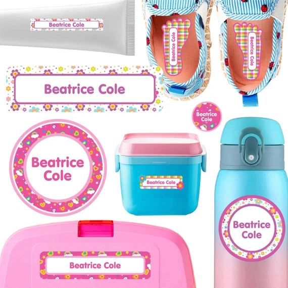 Flowers & Rainbows name labels for daycare — waterproof daycare labels on bottles, sippy cups and lunchboxes