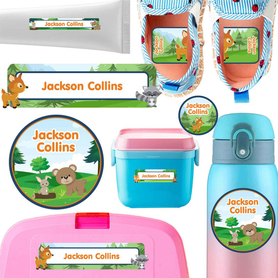 Forest Friends name labels for daycare — waterproof daycare labels on bottles, sippy cups and lunchboxes