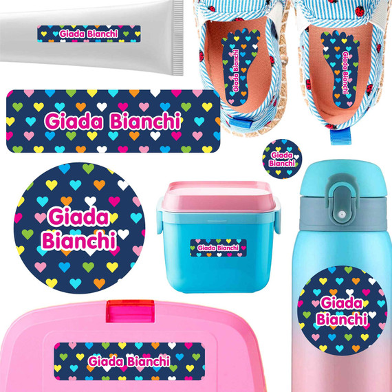 Hearts name labels for daycare — waterproof daycare labels on bottles, sippy cups and lunchboxes