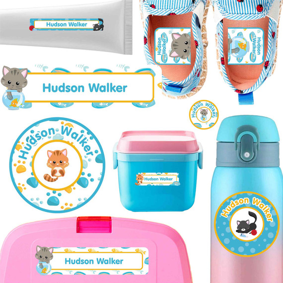 Kittens daycare label pack — personalized waterproof stickers for babies and toddlers
