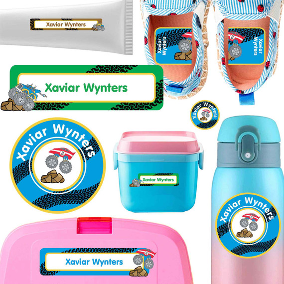 Monster Trucks daycare label pack — personalized waterproof stickers for babies and toddlers