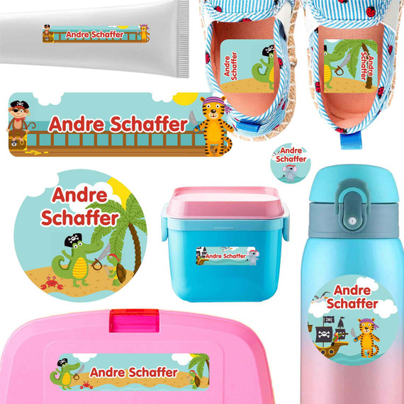 Pirate Animals daycare label pack — personalized waterproof stickers for babies and toddlers
