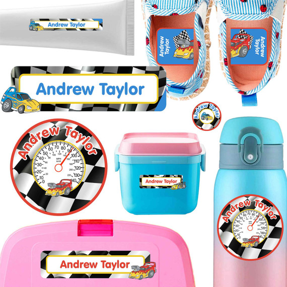 Race Cars daycare labels — stickers for daycare for bottles, sippy cups and containers, waterproof