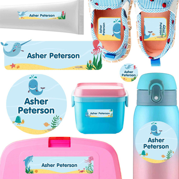 Deep Sea Pals name labels for daycare — waterproof daycare labels on bottles, sippy cups and lunchboxes