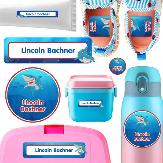 Mighty Sharks daycare label pack — personalized waterproof stickers for babies and toddlers