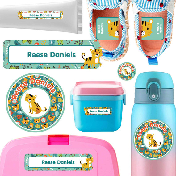 Tiny Tigers name labels for daycare — waterproof daycare labels on bottles, sippy cups and lunchboxes