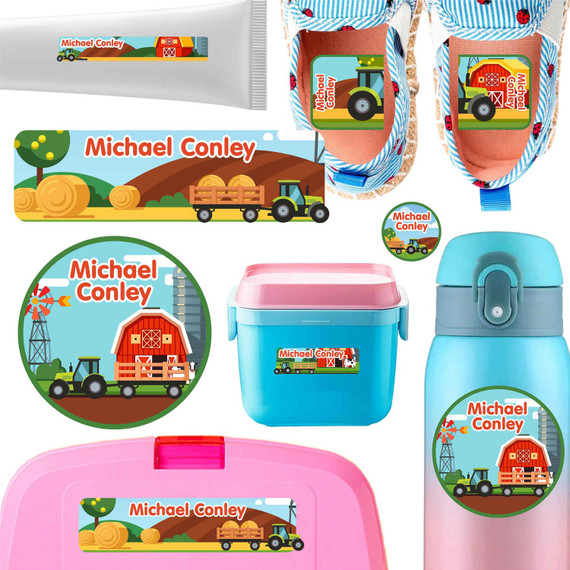 Farm Tractors name labels for daycare — waterproof daycare labels on bottles, sippy cups and lunchboxes