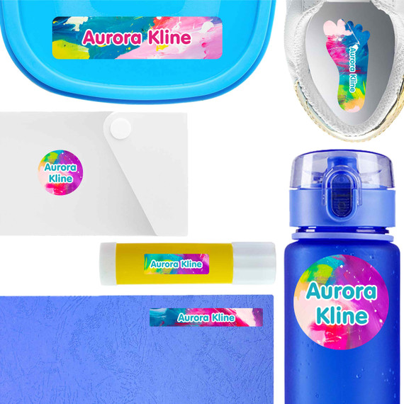 Artfully Yours waterproof labels for kids — name decals and bottle stickers for water bottles and lunchboxes