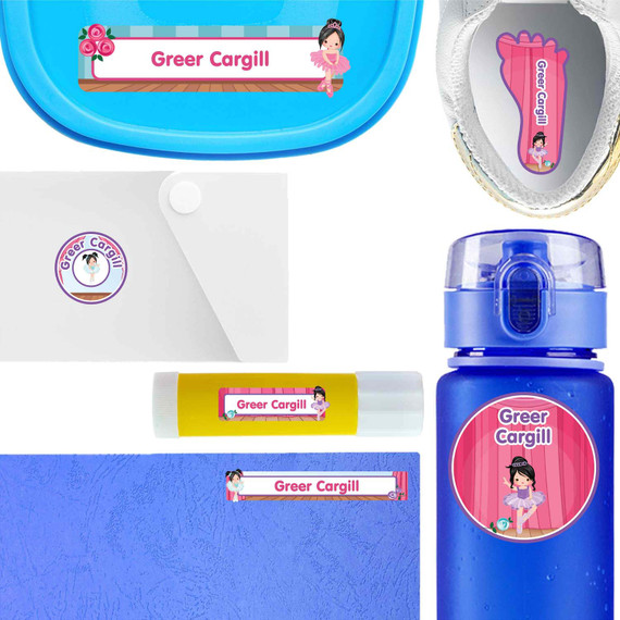 Ballet waterproof labels for kids — name decals and bottle stickers for water bottles and lunchboxes