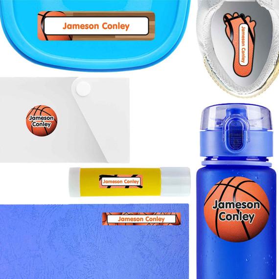 Basketball waterproof labels for kids — name decals and bottle stickers for water bottles and lunchboxes