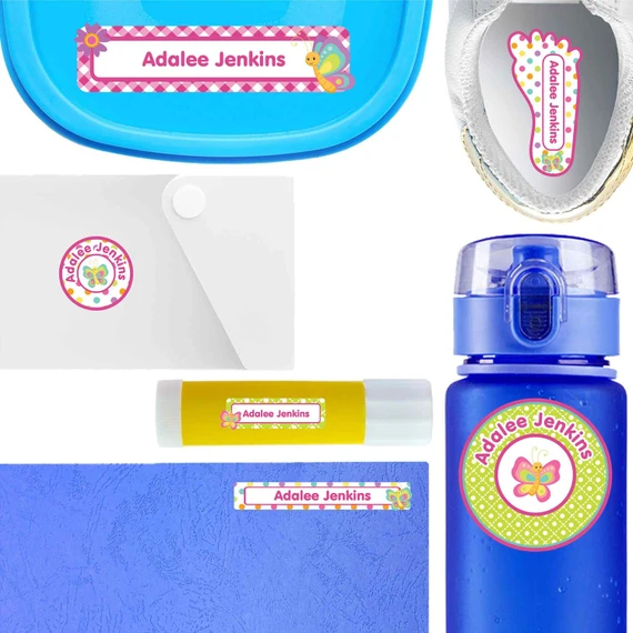 Butterflies waterproof labels for kids — name decals and bottle stickers for water bottles and lunchboxes