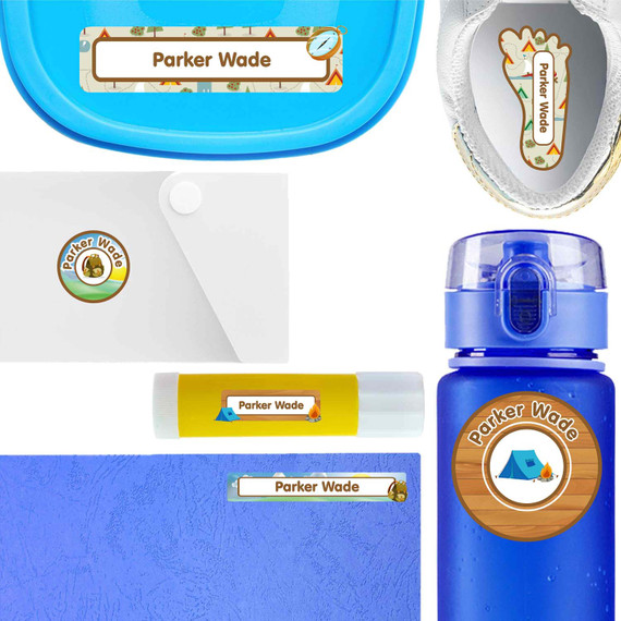 Camping waterproof labels for kids — name decals and bottle stickers for water bottles and lunchboxes
