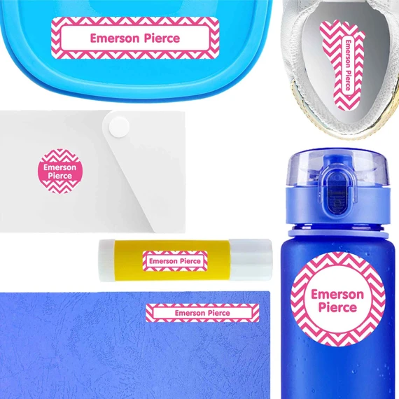 Chevron waterproof labels for kids — name decals and bottle stickers for water bottles and lunchboxes