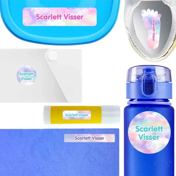 Clouds waterproof labels for kids — name decals and bottle stickers for water bottles and lunchboxes