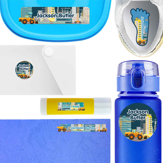 Construction Site waterproof name labels on school supplies — personalized name stickers for kids