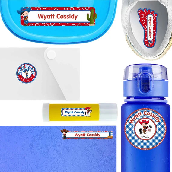 Cowboy & Cowgirl waterproof labels for kids — name decals and bottle stickers for water bottles and lunchboxes