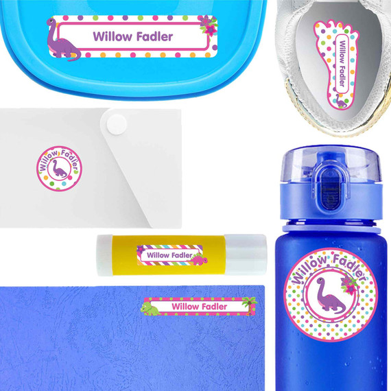 Dinosaur Friends waterproof labels for kids — name decals and bottle stickers for water bottles and lunchboxes