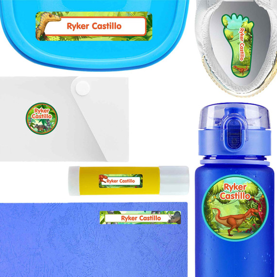 Dinosaurs Roam waterproof name labels — personalized peel and stick name labels for school and daycare