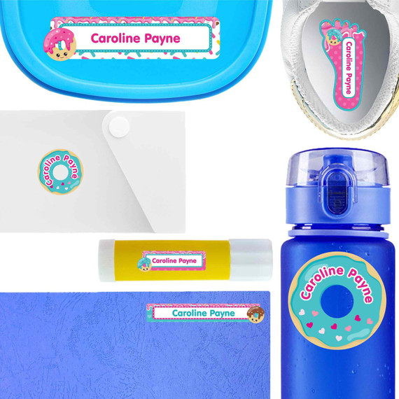 Donuts waterproof labels for kids — name decals and bottle stickers for water bottles and lunchboxes