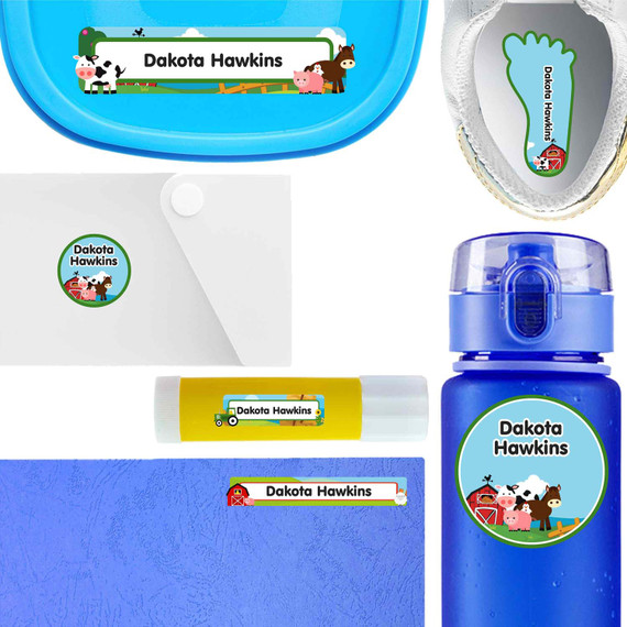 Farm Animals waterproof labels for kids — name decals and bottle stickers for water bottles and lunchboxes