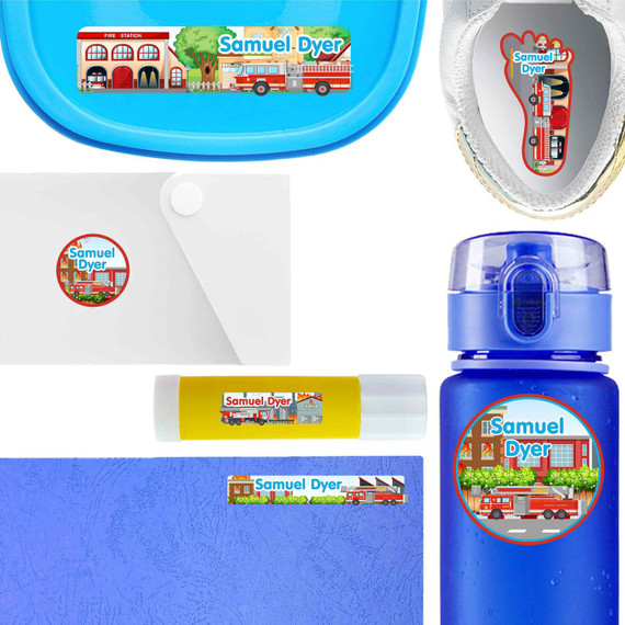 Fire Trucks waterproof labels for kids — name decals and bottle stickers for water bottles and lunchboxes