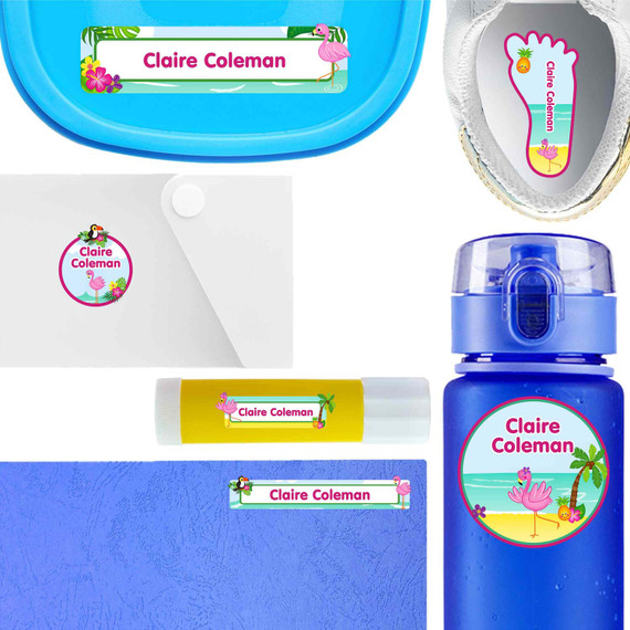 Flamingos waterproof labels for kids — name decals and bottle stickers for water bottles and lunchboxes
