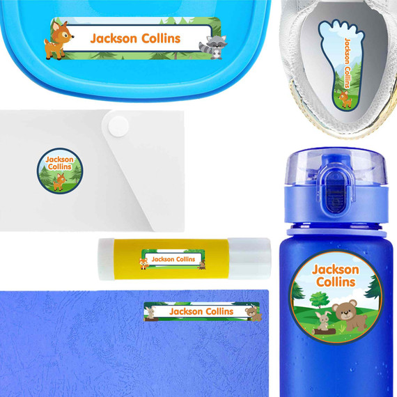 Forest Friends waterproof labels for kids — name decals and bottle stickers for water bottles and lunchboxes