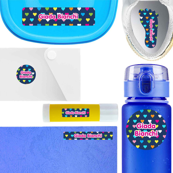 Hearts waterproof labels for kids — name decals and bottle stickers for water bottles and lunchboxes