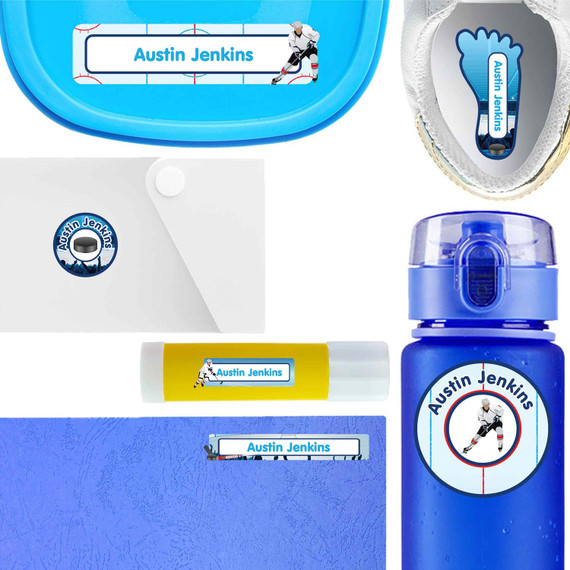 Hockey waterproof name labels on school supplies — personalized name stickers for kids