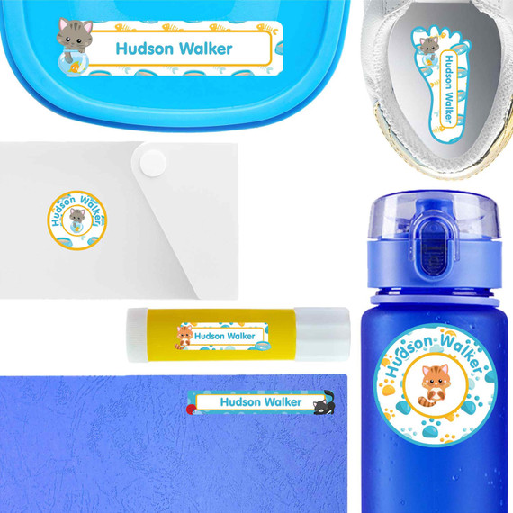 Kittens waterproof labels for kids — name decals and bottle stickers for water bottles and lunchboxes