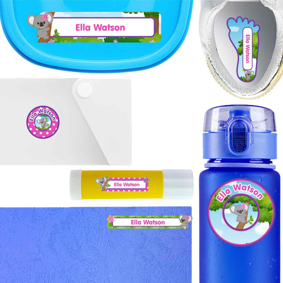 Koalas waterproof name labels on school supplies — personalized name stickers for kids