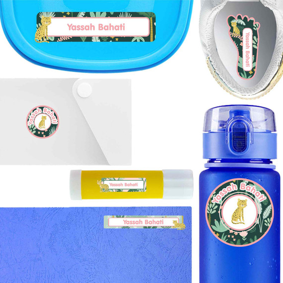 Leopard Cuties waterproof labels for kids — name decals and bottle stickers for water bottles and lunchboxes