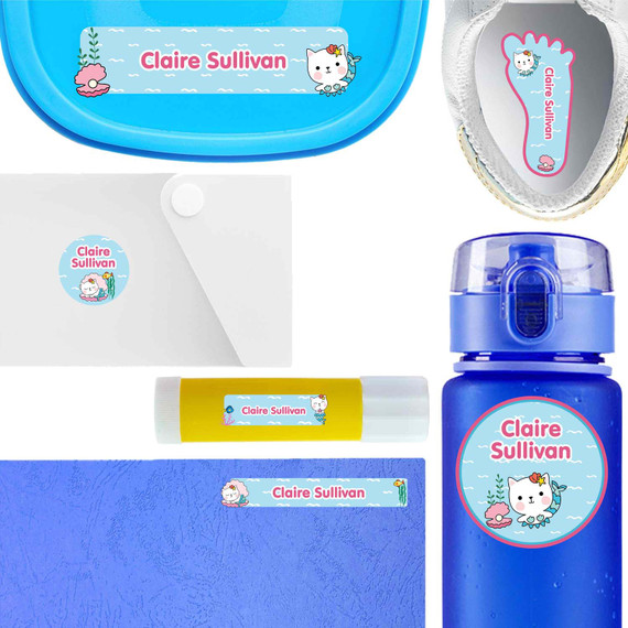 Meowmaids waterproof labels for kids — name decals and bottle stickers for water bottles and lunchboxes