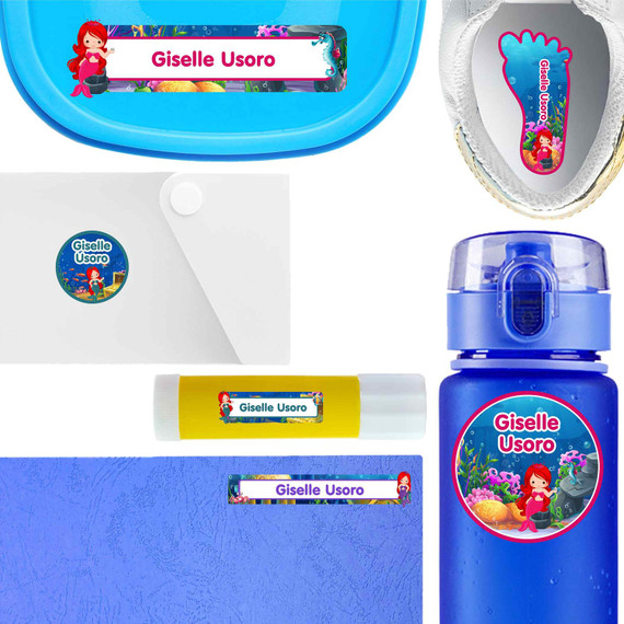 Mermaids waterproof name labels on school supplies — personalized name stickers for kids