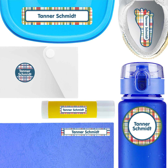Perfectly Plaid waterproof name labels on school supplies — personalized name stickers for kids