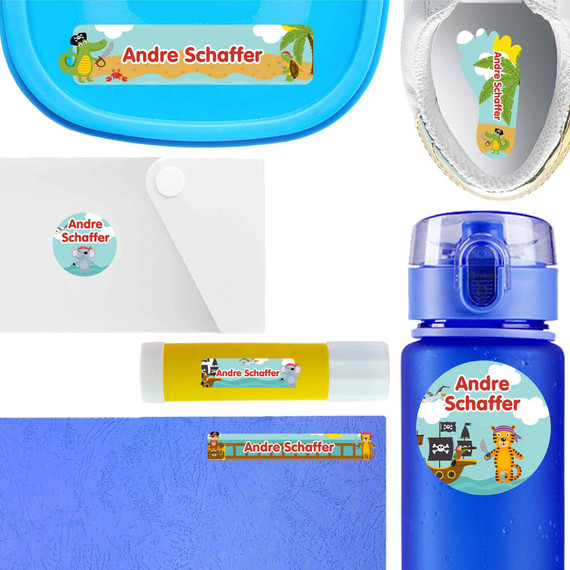 Pirate Animals waterproof labels for kids — name decals and bottle stickers for water bottles and lunchboxes