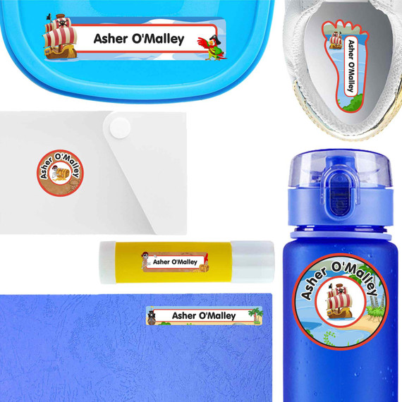 Pirates waterproof name labels on school supplies — personalized name stickers for kids