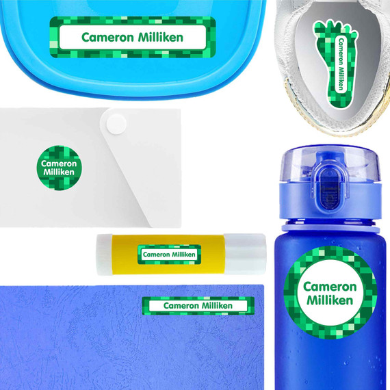 Pixel Craft waterproof labels for kids — name decals and bottle stickers for water bottles and lunchboxes