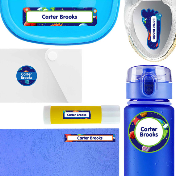 Cosmic Planets waterproof name labels on school supplies — personalized name stickers for kids