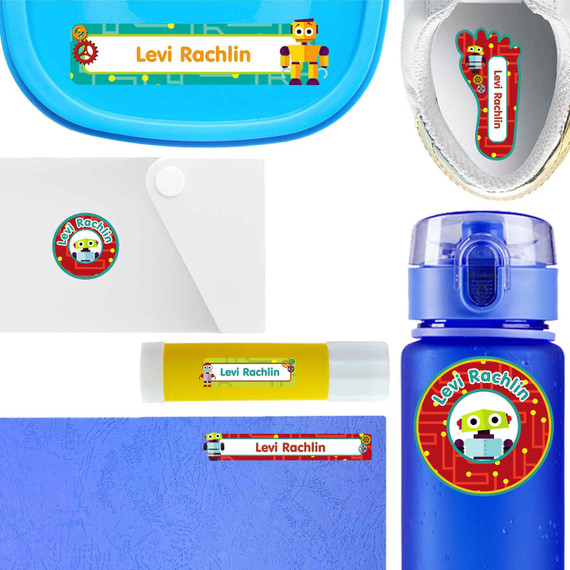 Little Robots waterproof labels for kids — name decals and bottle stickers for water bottles and lunchboxes
