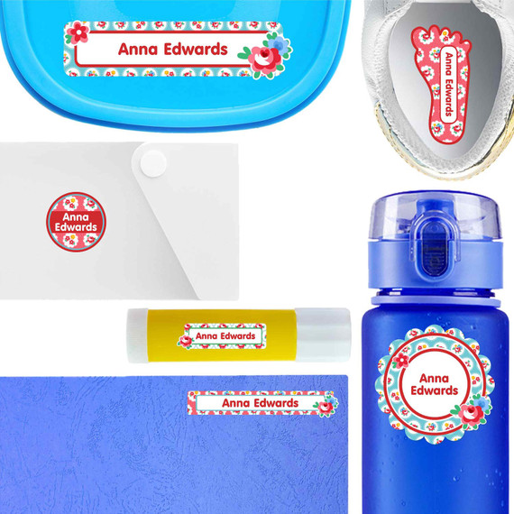 Garden Roses waterproof name labels on school supplies — personalized name stickers for kids