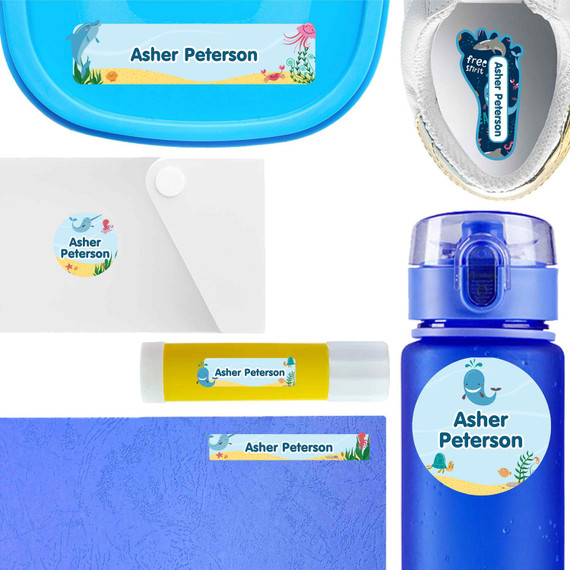 Deep Sea Pals waterproof labels for kids — name decals and bottle stickers for water bottles and lunchboxes