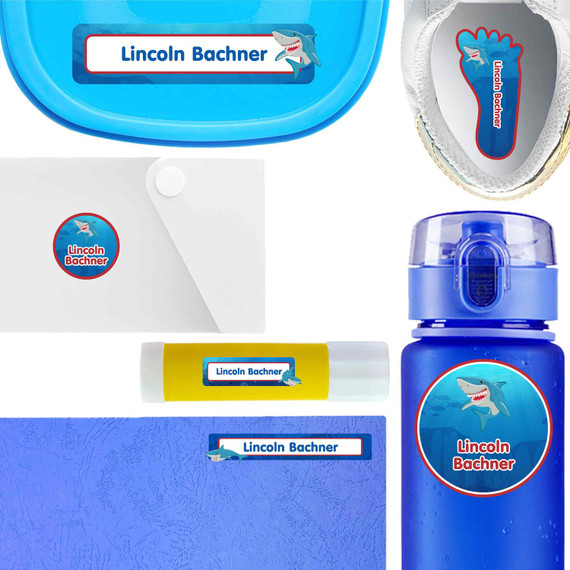 Mighty Sharks waterproof name labels on school supplies — personalized name stickers for kids