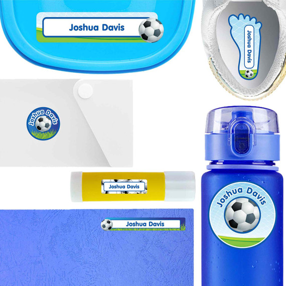 Goal! Soccer waterproof labels for kids — name decals and bottle stickers for water bottles and lunchboxes