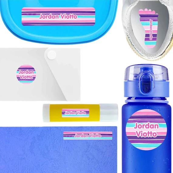 Stripes waterproof labels for kids — name decals and bottle stickers for water bottles and lunchboxes