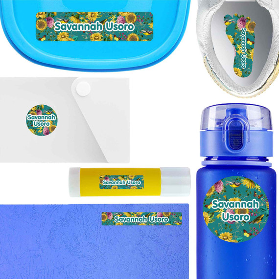 Sunflowers waterproof labels for kids — name decals and bottle stickers for water bottles and lunchboxes