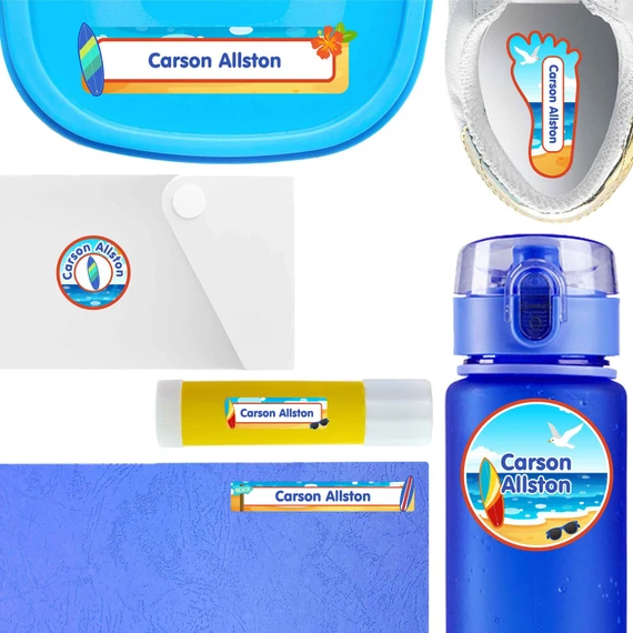 Surf's Up waterproof labels for kids — name decals and bottle stickers for water bottles and lunchboxes