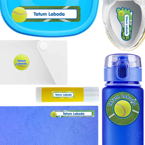 Tennis waterproof labels for kids — name decals and bottle stickers for water bottles and lunchboxes